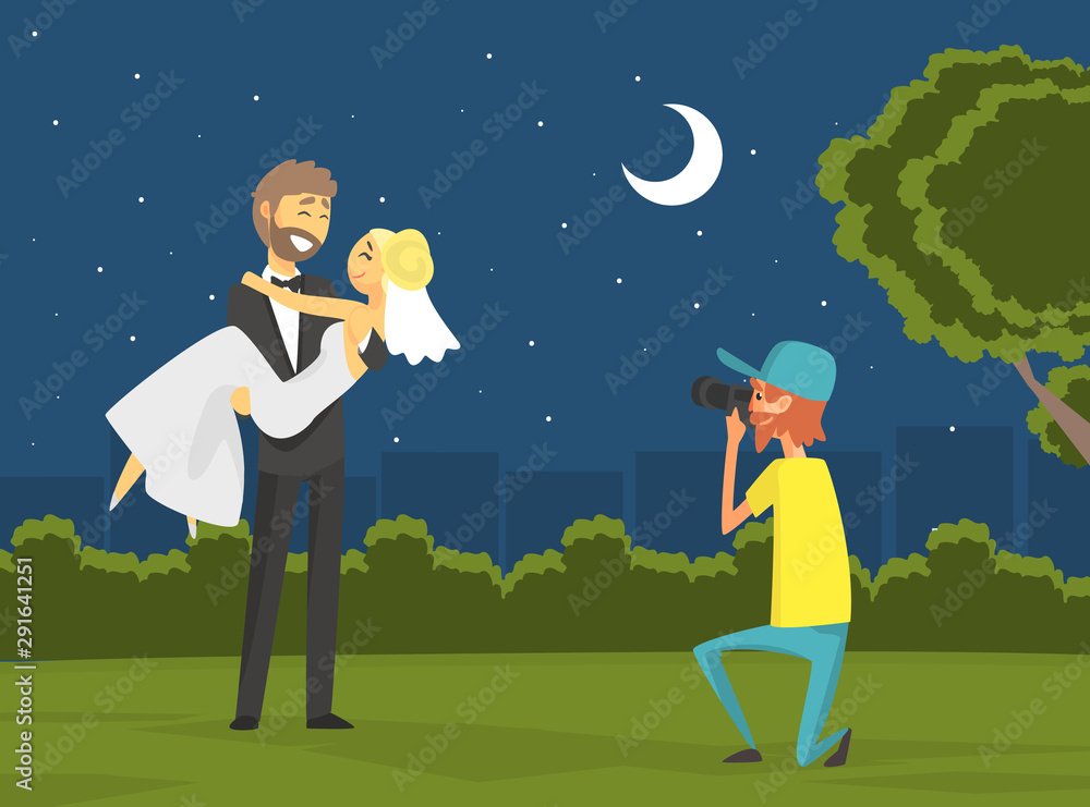 Poster Wedding Photo Session of Newlyweds, Happy Just Married Couple Standing Together and Posing for Photographer at Night Under the Stars Vector Illustration