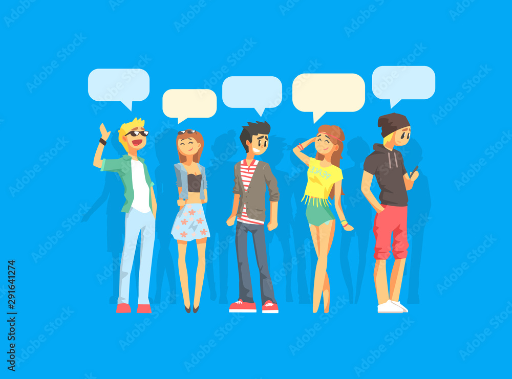 Wall mural young fashionable people with speech bubbles, girls and guys communicating with each other, people a