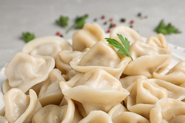 Tasty dumplings with parsley on table, closeup view