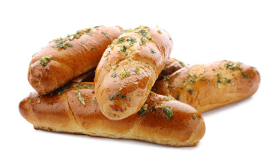 Bread loaves with garlic and herbs on white background