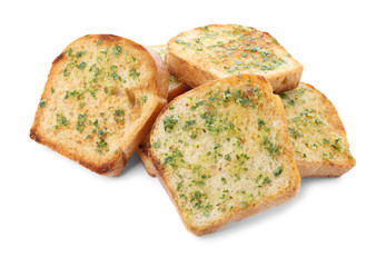 Slices of toasted bread with garlic and herbs on white background
