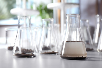 Glassware with soil samples and extract on grey table. Laboratory research