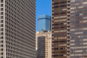 Highrise buildings at Dallas with blue sky. Downtown of Dallas in Texas, US.