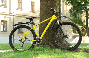 Fototapeta premium Yellow bicycle parked near tree on city street