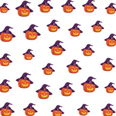 halloween pumpkins with faces and witch hats pattern