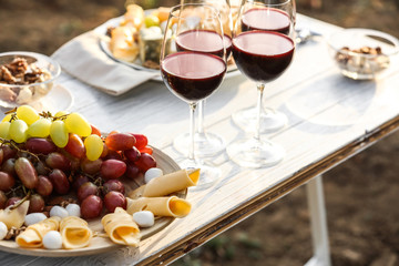 Red wine and snacks served for picnic on white wooden table outdoors