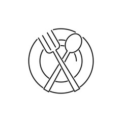 Plate, Fork and Spoon Icon. Thin line. Isolated on white background.