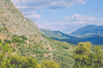 City Delphi. Greek Republic. Nature and mountains on a sunny summer day. 13. Sep. 2019.