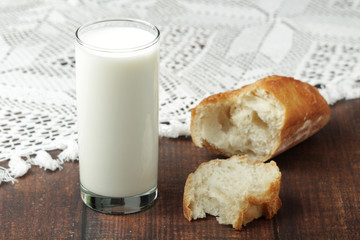 A glass of milk and wheat bread as countryside breakfast