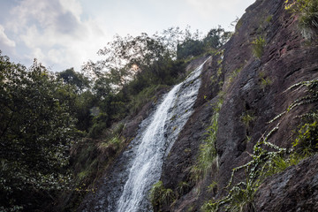 tall waterfall rushing down the cliff under cloudy sky with rock surface filled with green plants and sunlight shine behind foliage and heavy cloud