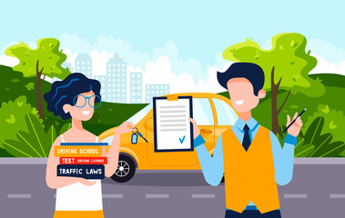 Happy young woman who holds driving books shows new car keys. A satisfied instructor gives permission to drive. Driving school concept, driver's license, traffic rules, test. Vector flat illustration.