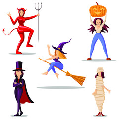 Beautiful girls in halloween costumes, set of five poses. Cute girl cartoon character. Vector flat illustration.