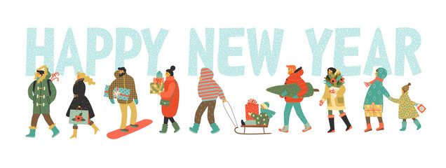 Fototapeta premium Christmas and Happy New Year illustration whit people.