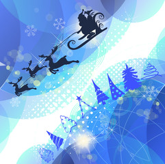 Obraz premium Blue background with snowflakes. Santa Claus is flying in a sleigh across the sky on deer. Vector illustration