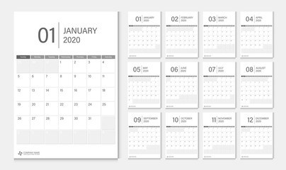 Calendar 2020 week start Sunday corporate design planner template.
