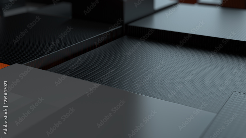 Poster abstract 3d render of segmented into squares sirface. some elements illuminate. some cubes has detai