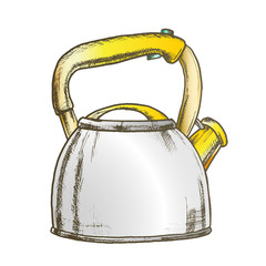 Teapot For Cook Hot Drink Kitchenware Color Vector. Kitchen Accessory Teapot For Boiling Water And Cooking Tea Or Coffee. Kettle Engraving Template Designed In Vintage Style Illustration