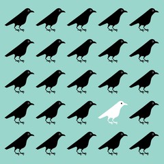 Vector illustration of white crow among black crows, unlike others, the interest of neighbors, outstanding unusual personality