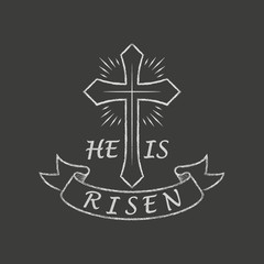 Black and white illustration of a cross with rays and a banner with text drawn in chalk. Vector illustration on a religious theme. Christian symbols