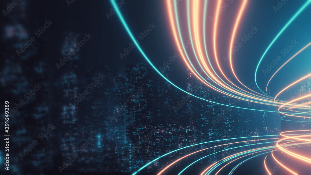 Poster 3D Rendering of abstract highway path through digital binary towers in city. Concept of big data, machine learning, artificial intelligence, hyper loop, virtual reality, high speed network. 