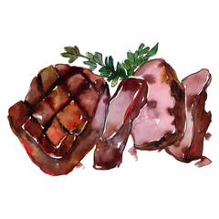 Grilled steak isolated. Watercolor background illustration set. Isolated meat illustration element.