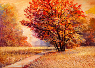 original oil painting of autumn landscape - obrazy, fototapety, plakaty