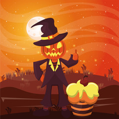 halloween dark scene with person disguised pumpkin