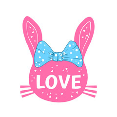 Cute bunny girl face silhouette with bow. Love slogan. Vector illustration design for t-shirt graphics, fashion prints