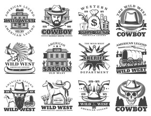 Western saloon, cowboy, wild west isolated icons