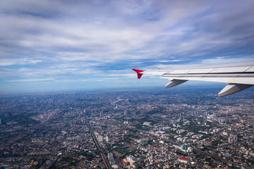Fototapeta na wymiar Scenery of ariel view from window of airplane in Thailand.