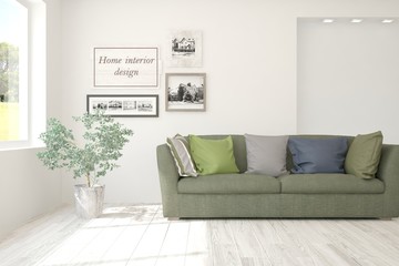Stylish room in white color with sofa. Scandinavian interior design. 3D illustration
