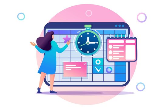 Young girl engaged in time management and business planning for a month. Flat 2D character. Concept for web design