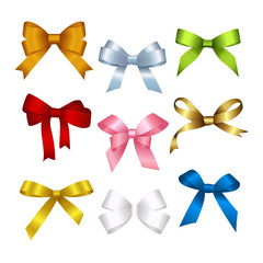 Set of colorful satin bow isolated on white. Vector gift bows  for page decor.