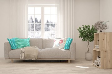 Stylish room in white color with sofa and winter landscape in window. Scandinavian interior design. 3D illustration