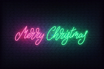 Merry Christmas neon. Glowing lettering sign for Xmas online promotion sale discount