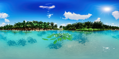 3d illustration spherical 360 degrees, seamless panorama of palm trees near oasis