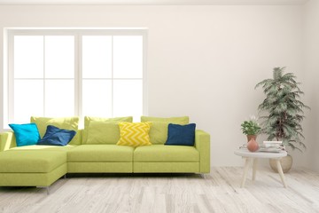 Stylish room in white color with sofa. Scandinavian interior design. 3D illustration