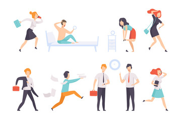 Plakat People running to work, businesspeople characters are late for work vector Illustration on a white background