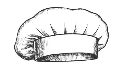 Chef Hat Professional Cooker Clothing Ink Vector. Fabric Hat Uniform Costume Wear Element. Garment Kitchen Workwear Engraving Mockup Hand Drawn In Retro Style Black And White Illustration