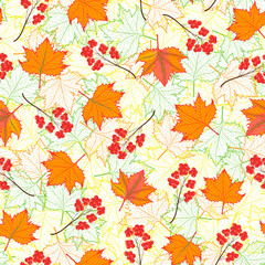 Fototapeta na wymiar raster illustration. fall maple leaves and red rowan berries on fall outlined leaves seamless repeat pattern. best for fall prints.