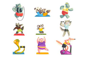 Cute animals wearing uniform doing exercises using sports equipment set, sportive animal characters, fitness and healthy lifestyle vector Illustrations on a white background
