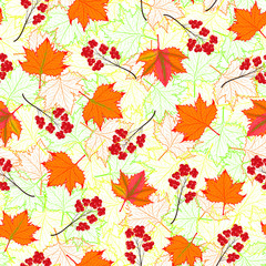 vector illustration. fall maple leaves and red rowan berries on fall outlined leaves seamless repeat pattern. best for fall prints.