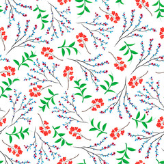 raster illustration. small sakura tree with flowers, berries and green leaves branches seamless repeat pattern. best for apparels , packaging and other textiles.