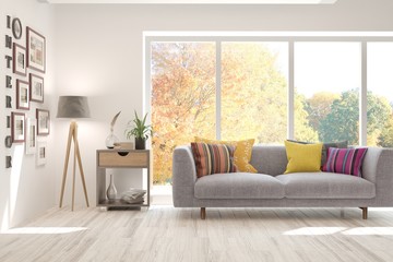 Stylish room in white color with sofa and autumn landscape in window. Scandinavian interior design. 3D illustration © AntonSh
