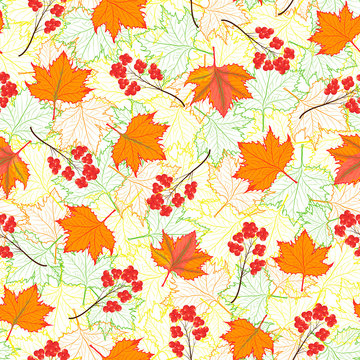 raster illustration. fall maple leaves and red rowan berries on fall outlined leaves seamless repeat pattern. best for fall prints.