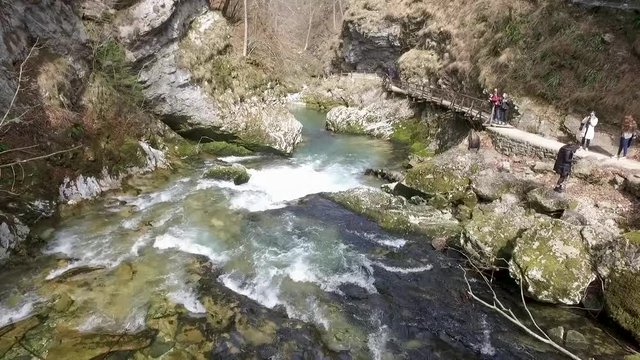 Aerial - Flying low above Soteska Vintgar. Gorge, Slovenia