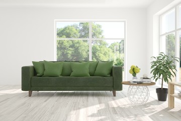 Stylish room in white color with sofa and summer landscape in window. Scandinavian interior design. 3D illustration