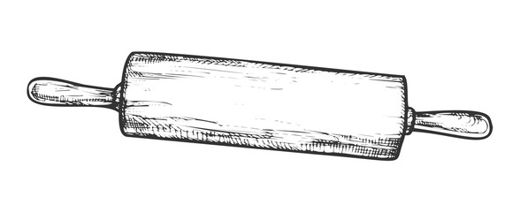 Rolling Pin For Dough Kitchenware Vintage Vector. Wooden Rolling Pin Pastry Cooking Tool Ware. Bakery Kitchen Utensil Item Engraving Mockup Hand Drawn In Retro Style Black And White Illustration