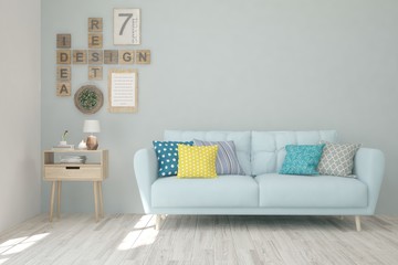 Stylish room in white color with sofa. Scandinavian interior design. 3D illustration