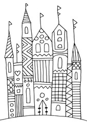 Toy castle from a fairy tale coloring page. Hand drawing coloring book for children and adults. Beautiful drawings with patterns and small details. One of a series of painted pictures.
